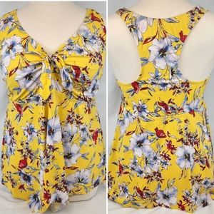 Kona Sol Yellow Floral Flowy Keyhole Racerback Babydoll Tankini Top Size 24W